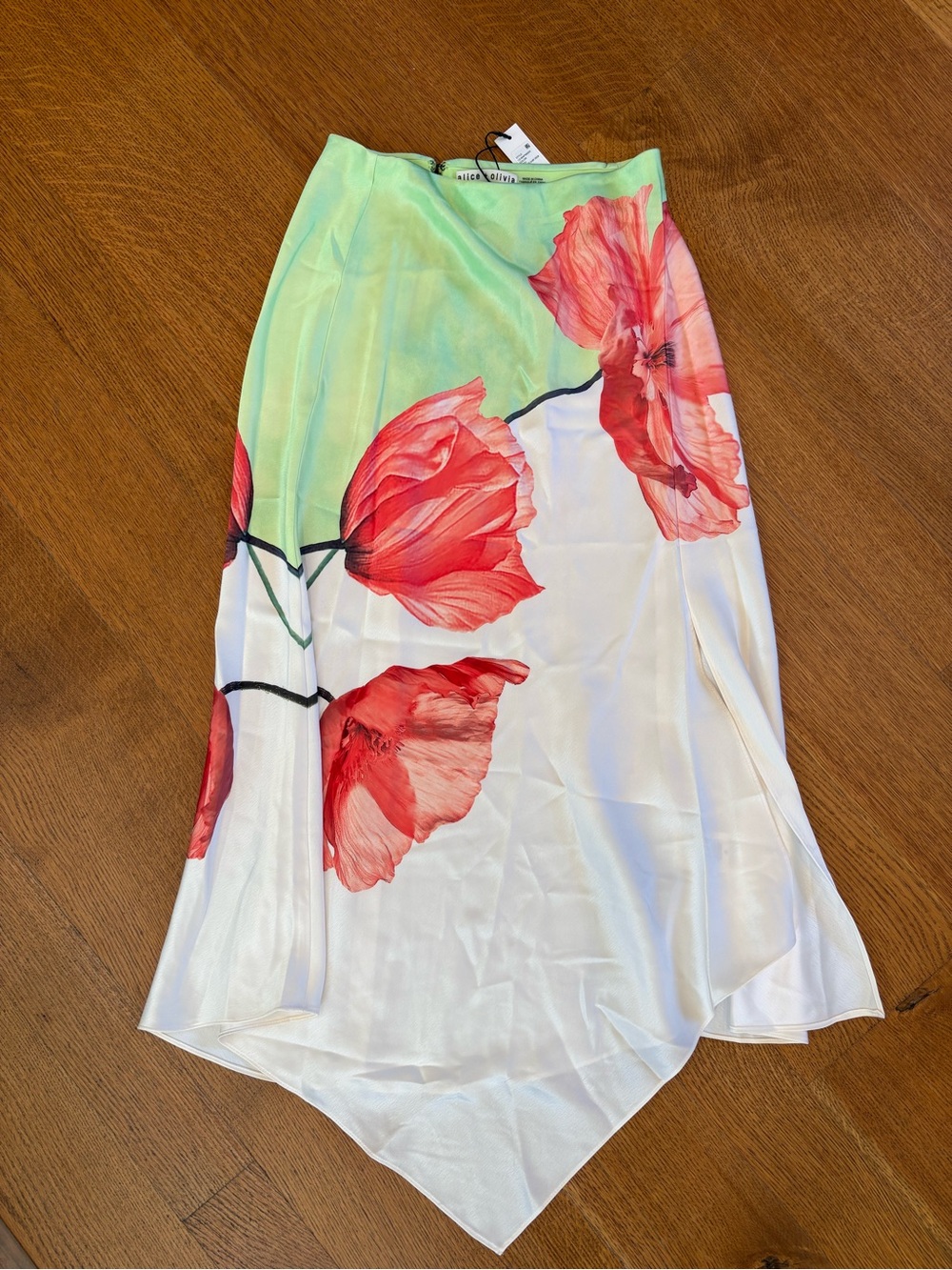 Alice + Olivia White, Green & Red Floral Handkerchief Hem Maxi Skirt
